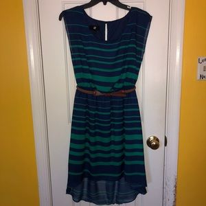 Blue and teal striped dress, high-low.